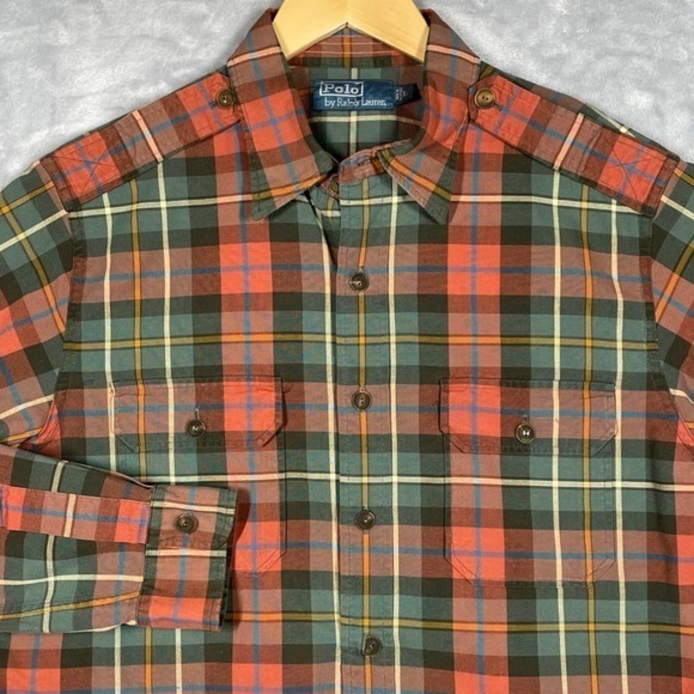Vintage Polo Ralph Lauren Shirt Men Large Military Shoulder Straps Plaid Epaulet